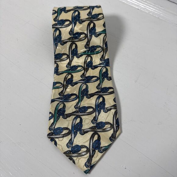 - Ferruccio Vintage Hand Made Italian Necktie Cream Blue Green Gray - Picture 1 of 7